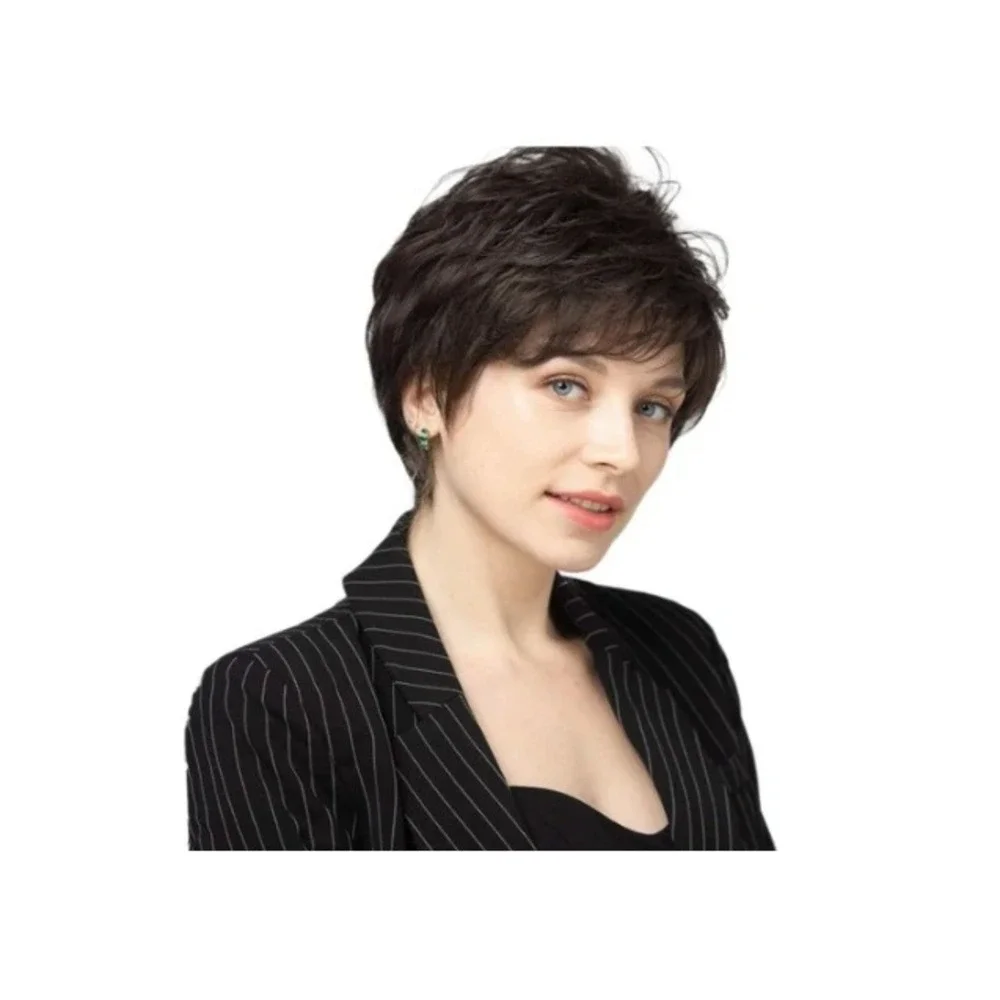 Nuxovin Dark Brown Human Hair Wig Pixie Cut Bangs 6 Inch Lightweight Breathable